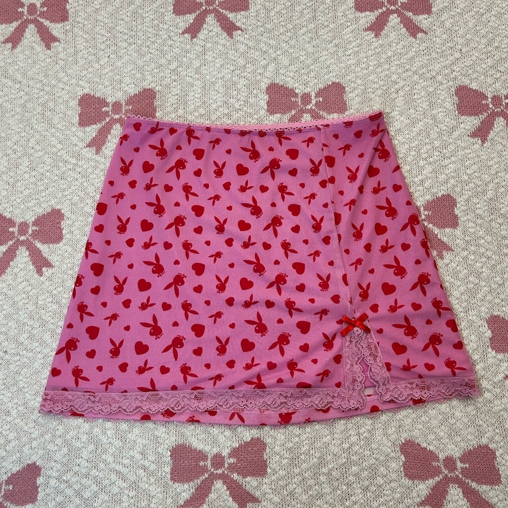Y2K Pink Playboy Bunny Mini Skirt – Coquette Lace Heart Print 💗 - Picture 2 of 4